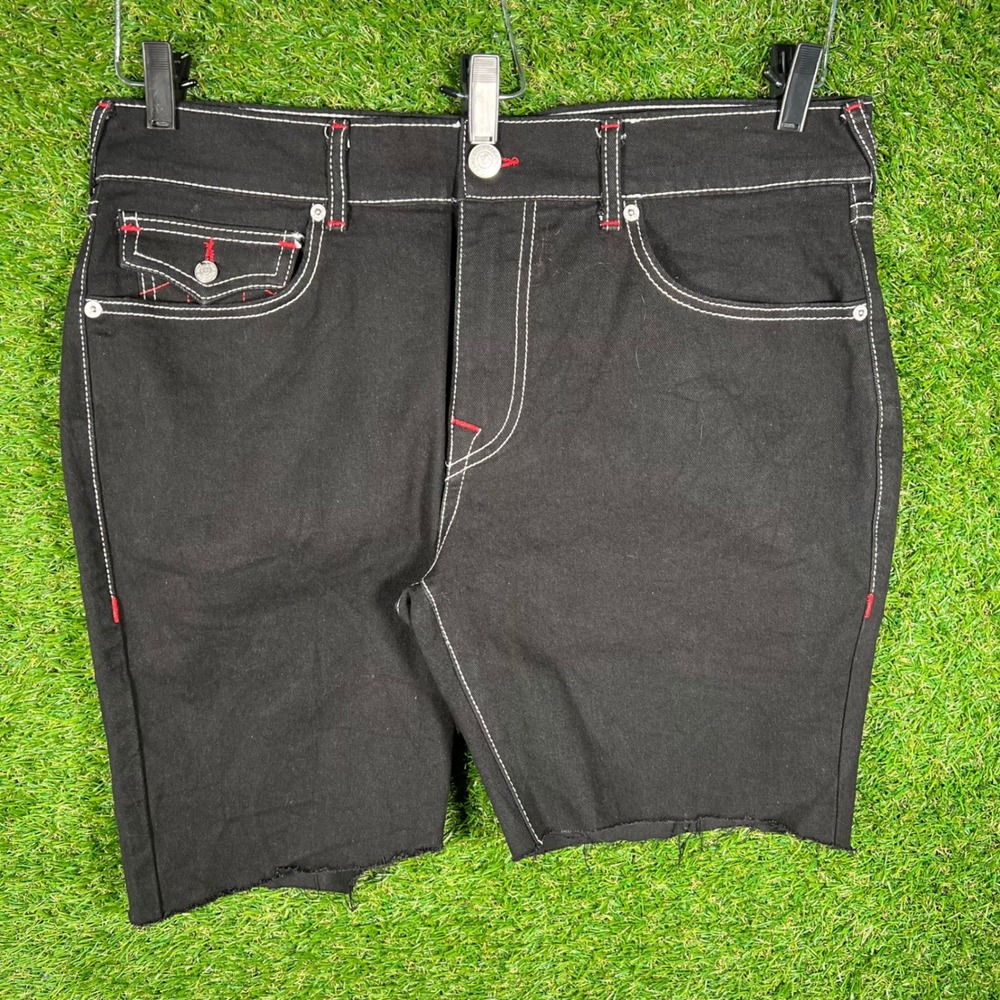 True Religion Rocco Relaxed Skinny Black Denim Shorts Mens 36 Contrast Stitch